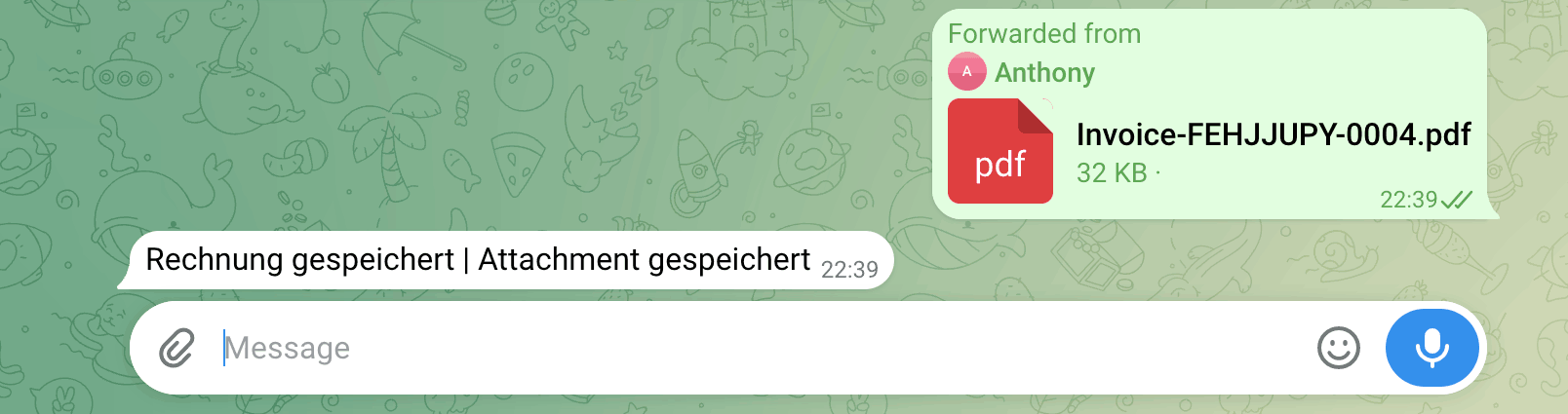 Telegram-Bestätigung: Rechnung gespeichert, Attachment gespeichert